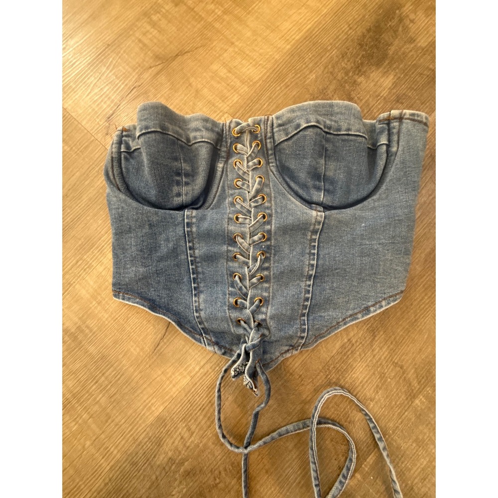 Fashion Nova Denim Lace-Up Corset Top – Medium Blue Wash –‎ Size M